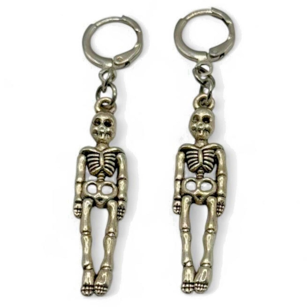 Lightweight Silver Skeleton Dangle Clasp Earrings Gothic Halloween